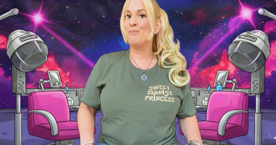 A satirical cartoon-style image featuring Daisy Chain, the "Sweet Zionist Princess," positioned in the center of a cosmic-themed hair salon. She is wearing a green t-shirt with "Sweet Zionist Princess" text and a Star of David necklace. The background shows a space nebula with pink salon chairs and futuristic hair dryers that are firing purple "space lasers" into the atmosphere.