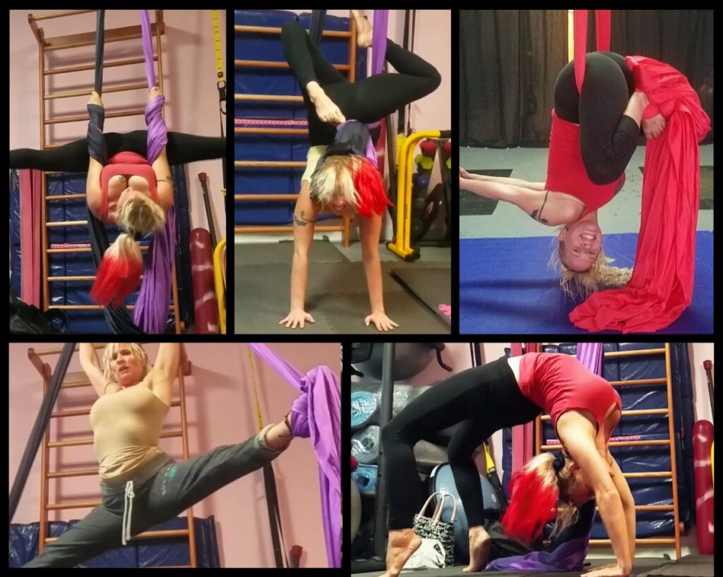 Queen Daisy Chain silk aerial photo college including a backbend, aerial split, upside down aerial split, and other oses and tricks.