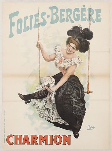 Folies-Bergere. Charmion.1898. Poster illustration of Charmion sitting on the Trapeze. 