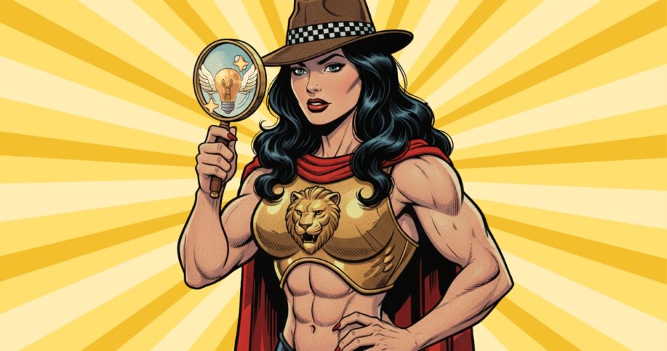 Illustration: Beautiful Amazon woman with a detective hat and magnifying glass